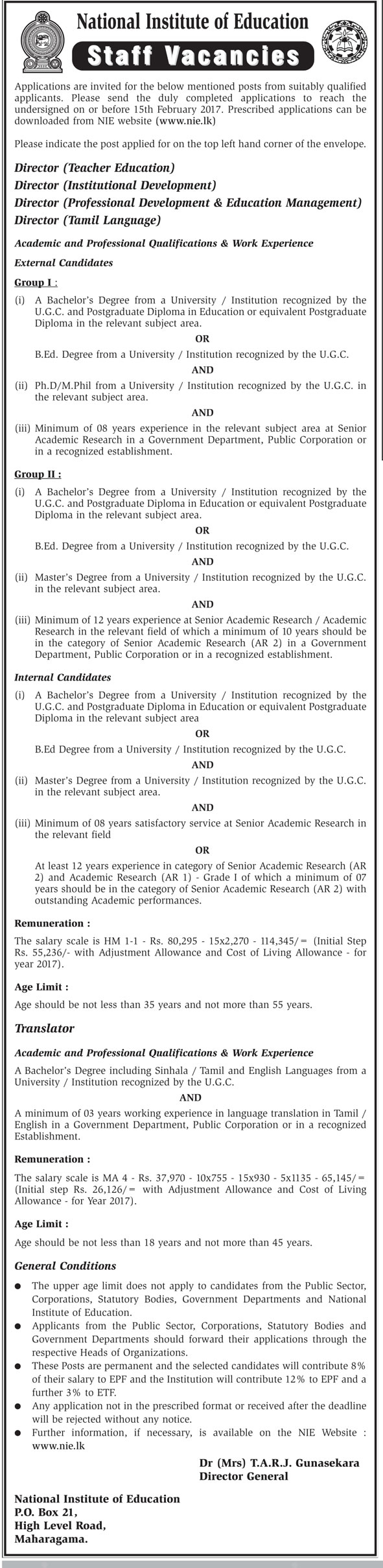 Director  (Teacher Education, Institutional Development, Professional Development & Management, Tamil Language), Translator - National Institute of Education